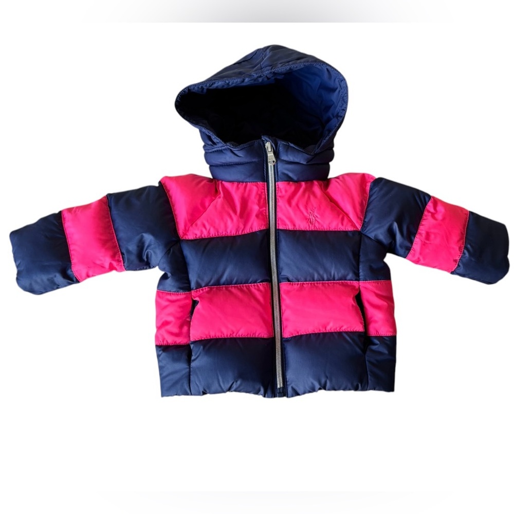 Ralph Lauren Puffer Coat Jacket Infant Size 6 Months Pink Navy Blue Hood Zip Up